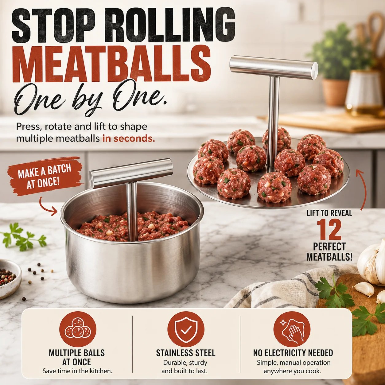 Stainless steel batch meatball maker
