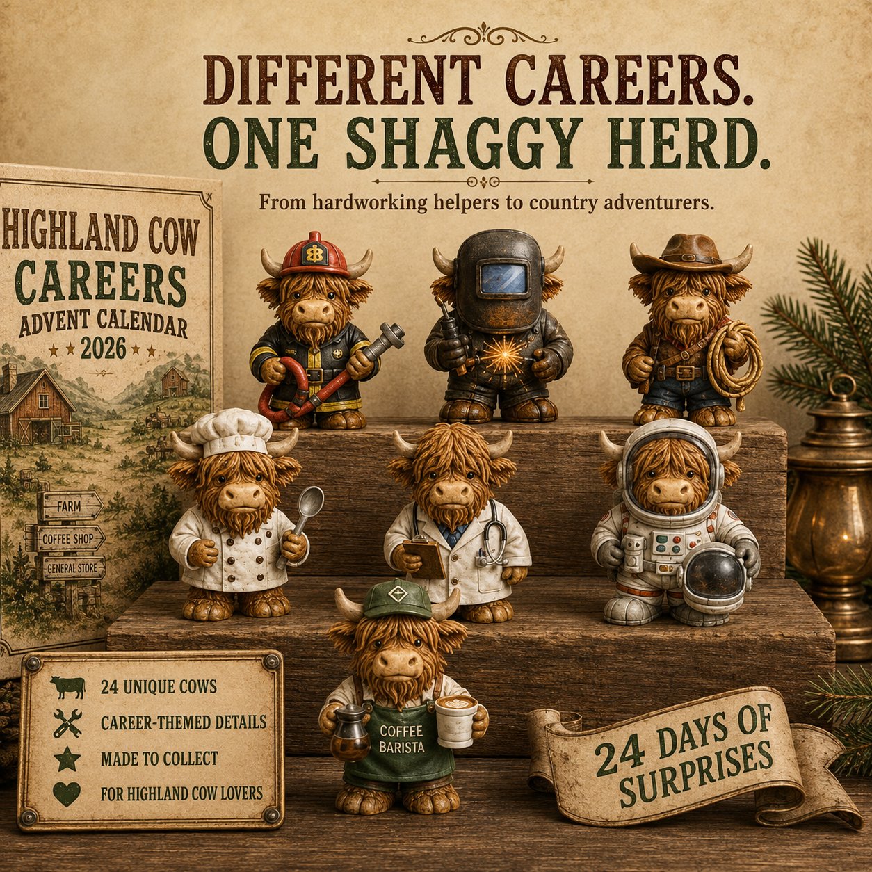 Different Highland Cow careers and collectible details