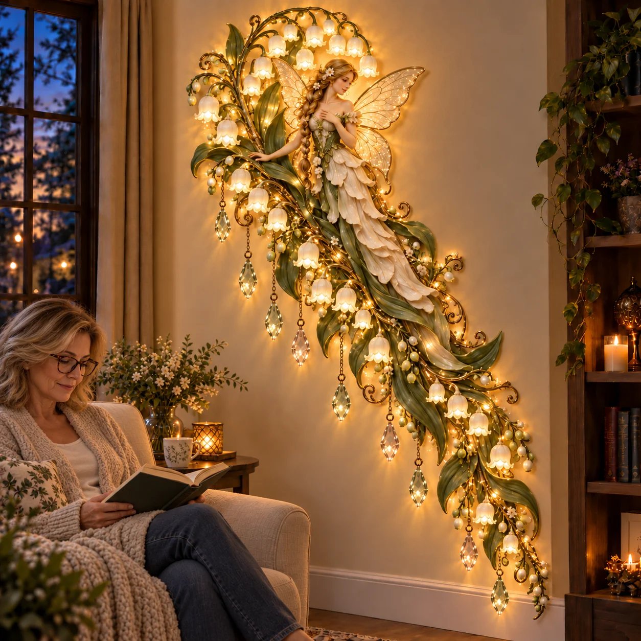 A woman reading beside the glowing Lily of the Valley fairy wall light in a cozy room at dusk