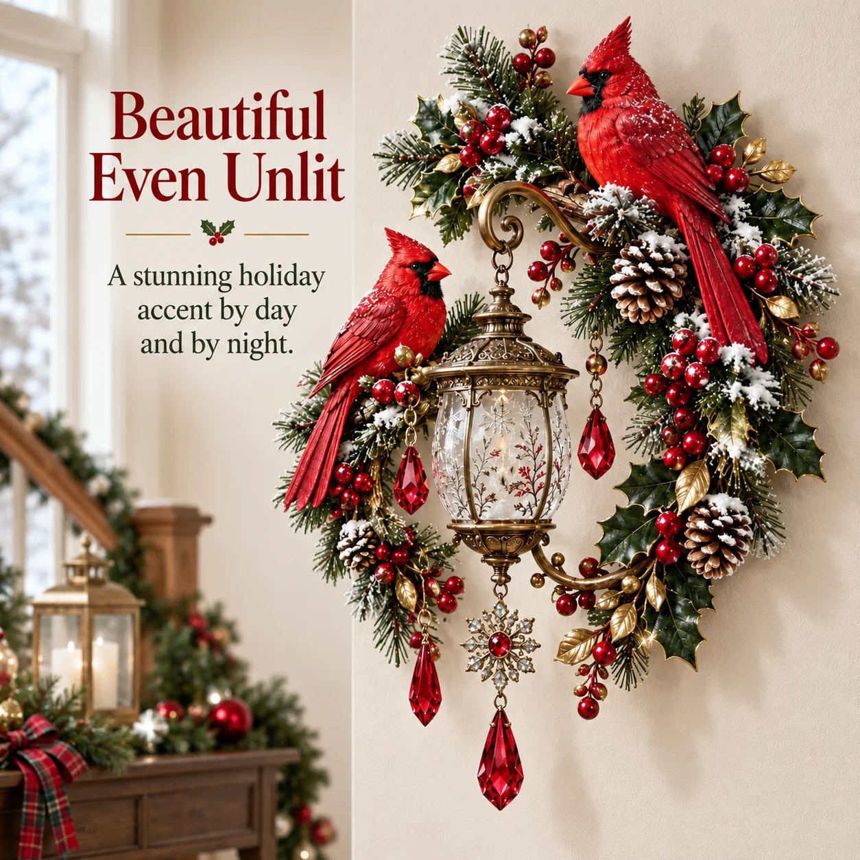 Cardinal Christmas wall decor shown unlit during the day