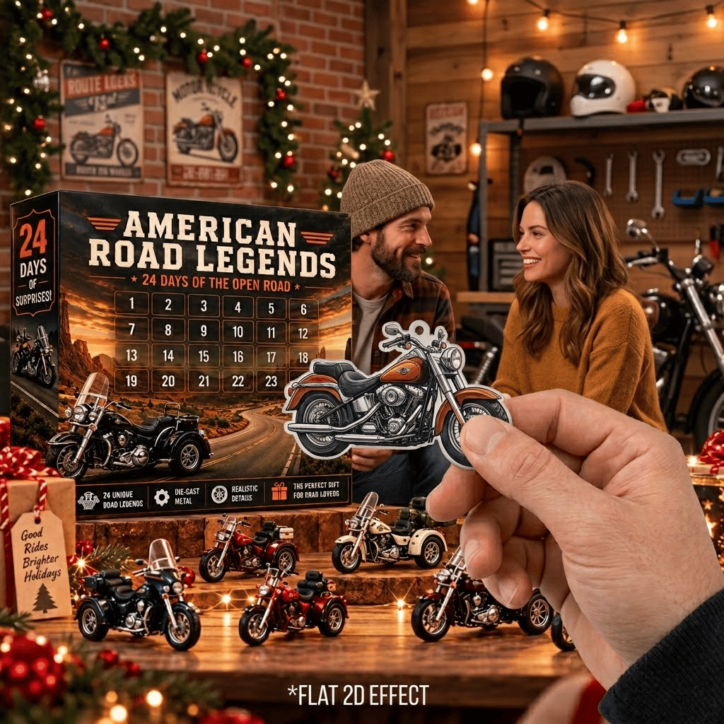 Hand holding a flat 2D motorcycle collectible, with the product image labeled Flat 2D Effect