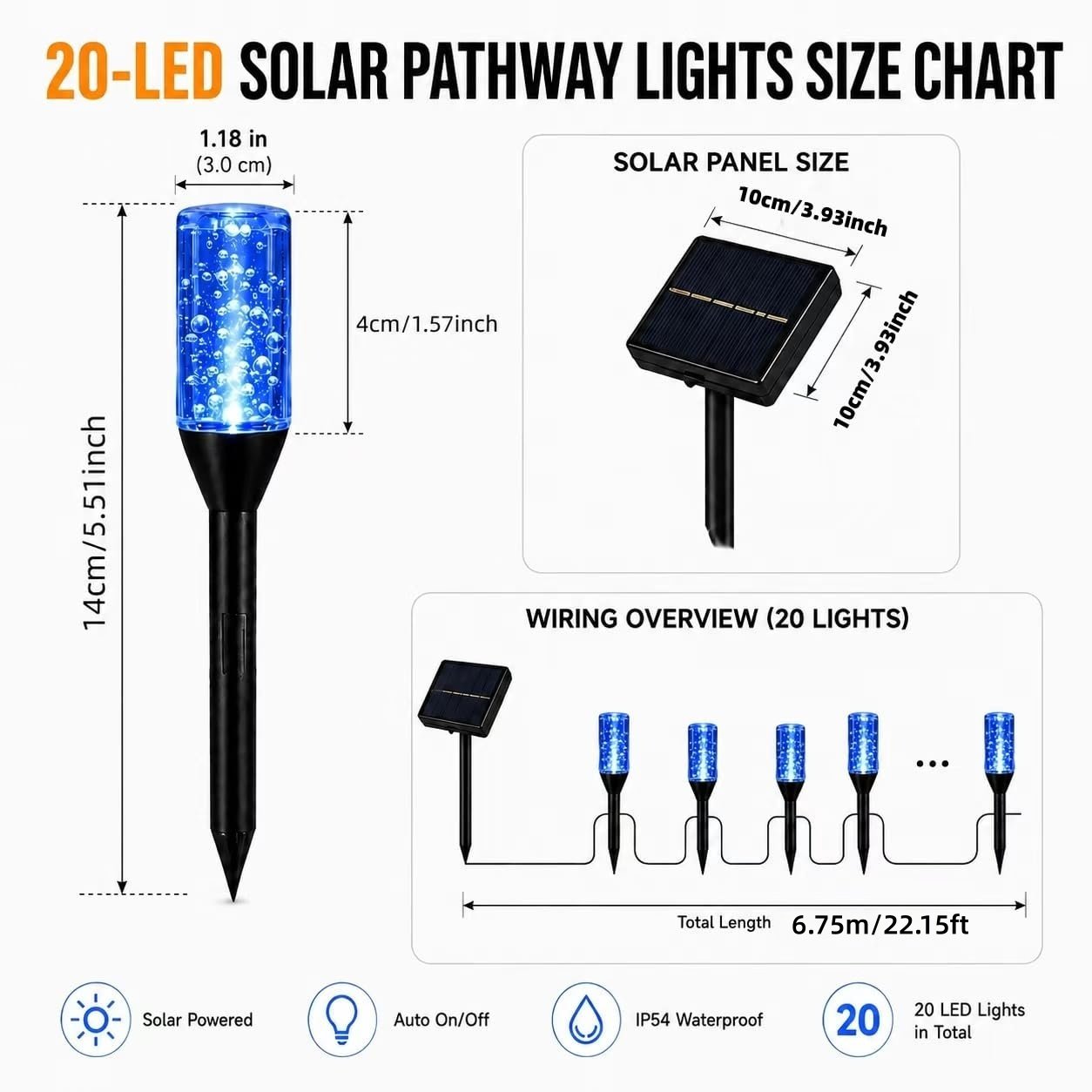 Size chart for solar bubble pathway lights and solar panel
