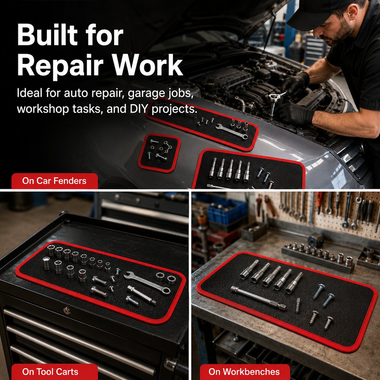 Magnetic tool mats for repair work and garage tasks