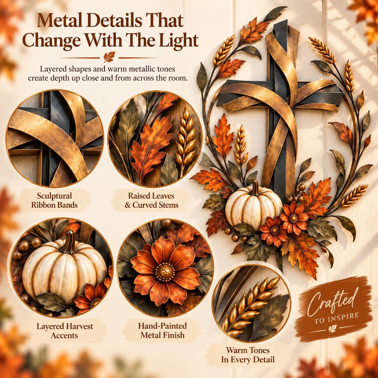 Close-up views of the layered ribbon bands, raised leaves, pumpkin, flowers and warm metallic tones.