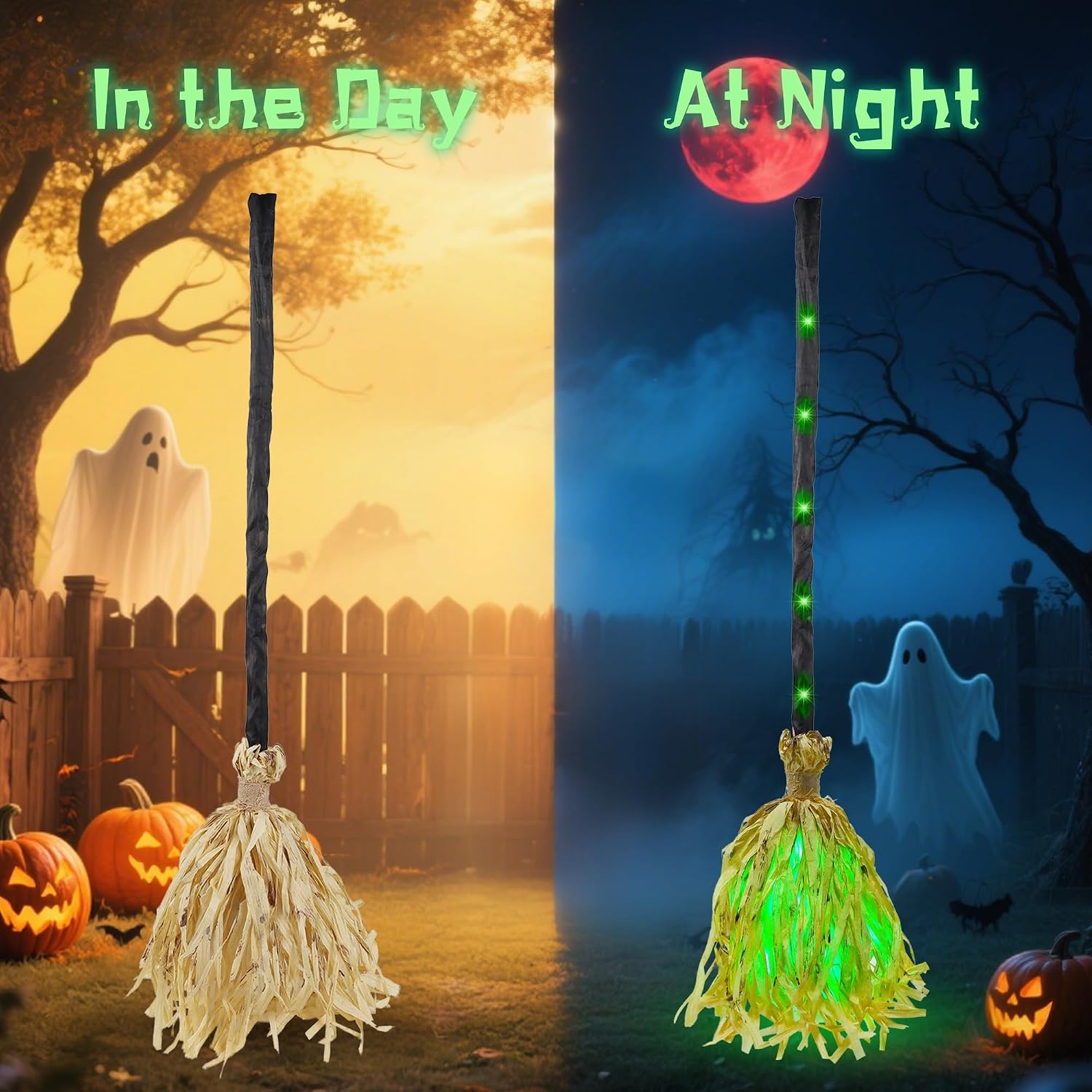 Halloween witch broom daytime and nighttime comparison