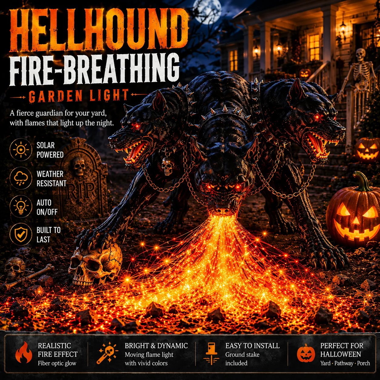 Fire breathing hellhound solar Halloween decoration